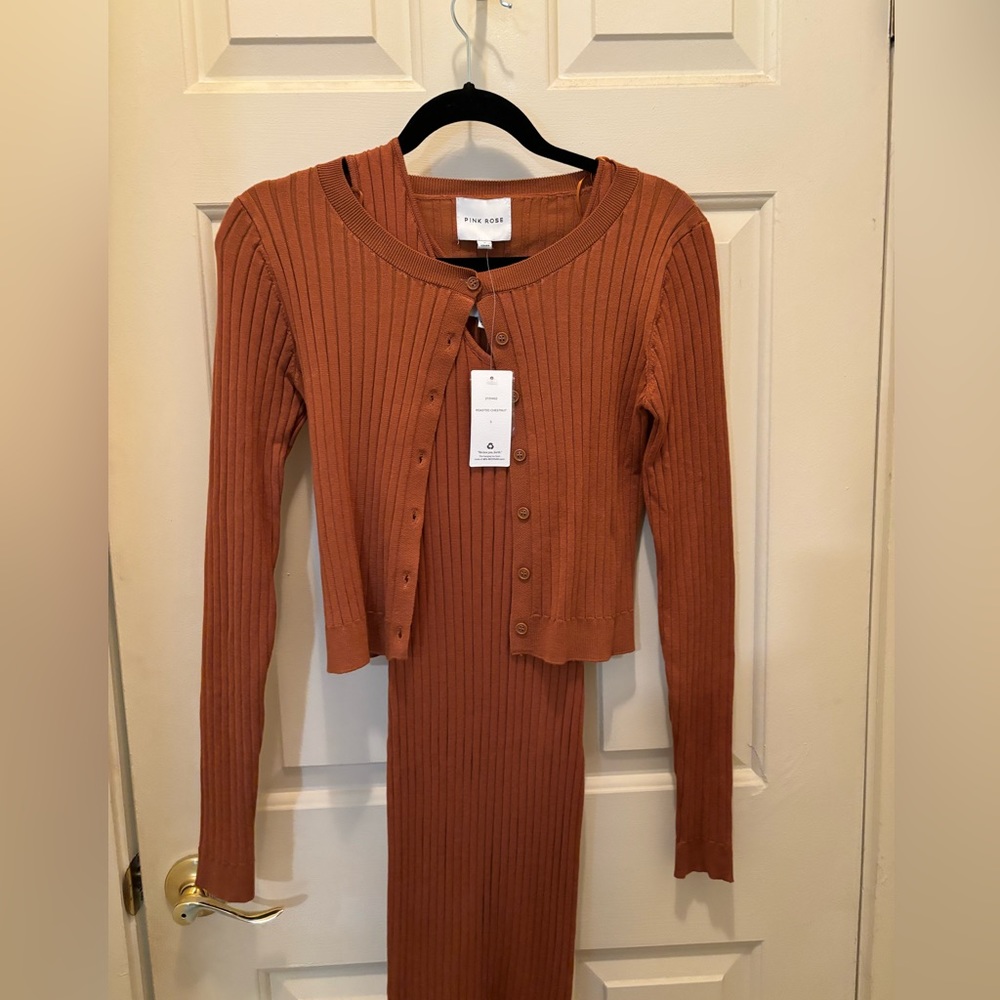 Pink Rose brand Ribbed Cardigan + Dress in Roasted Chestnut